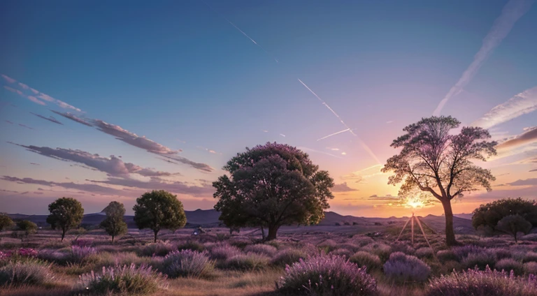 fantastic landscape of a fantastic planet, Pink sky, blue and purple plants, blue sun