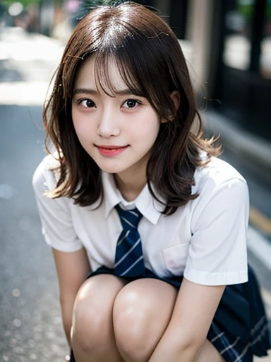 NSFW, (masterpiece, best quality, photo realistic, official art:1.4), (UHD, 8K quality wallpaper, High resolution, RAW photo:1.2), (shiny skin), professional lighting, physically-based rendering, Award-winning, highly detailed skin, (extremely detailed face and eyes, clear pupils), Carl Zeiss 85 mm F/1.4, BREAK, 1girl, solo, fascinated 18-year-old Korean schoolgirl, (Nogizaka idol:0.6), (K-pop idol:0.9), (glossy brown wavy short hair:1.2), rounded face, smiling, (well shaped detailed teeth:0.3), wearing highschool uniform, collared white shirt, (school tie), collar bones, (breasts emphasized, well shaped medium breasts), plaid mini skirt, bare thighs, (loose fitted socks, loafers:0.8), (looking at camera), BREAK, at street in Shibuya, (crouching down like a gravure pose:1.3), (portrait, face focus:1.2), extreme close shot, depth on field, view from forward, view from above,