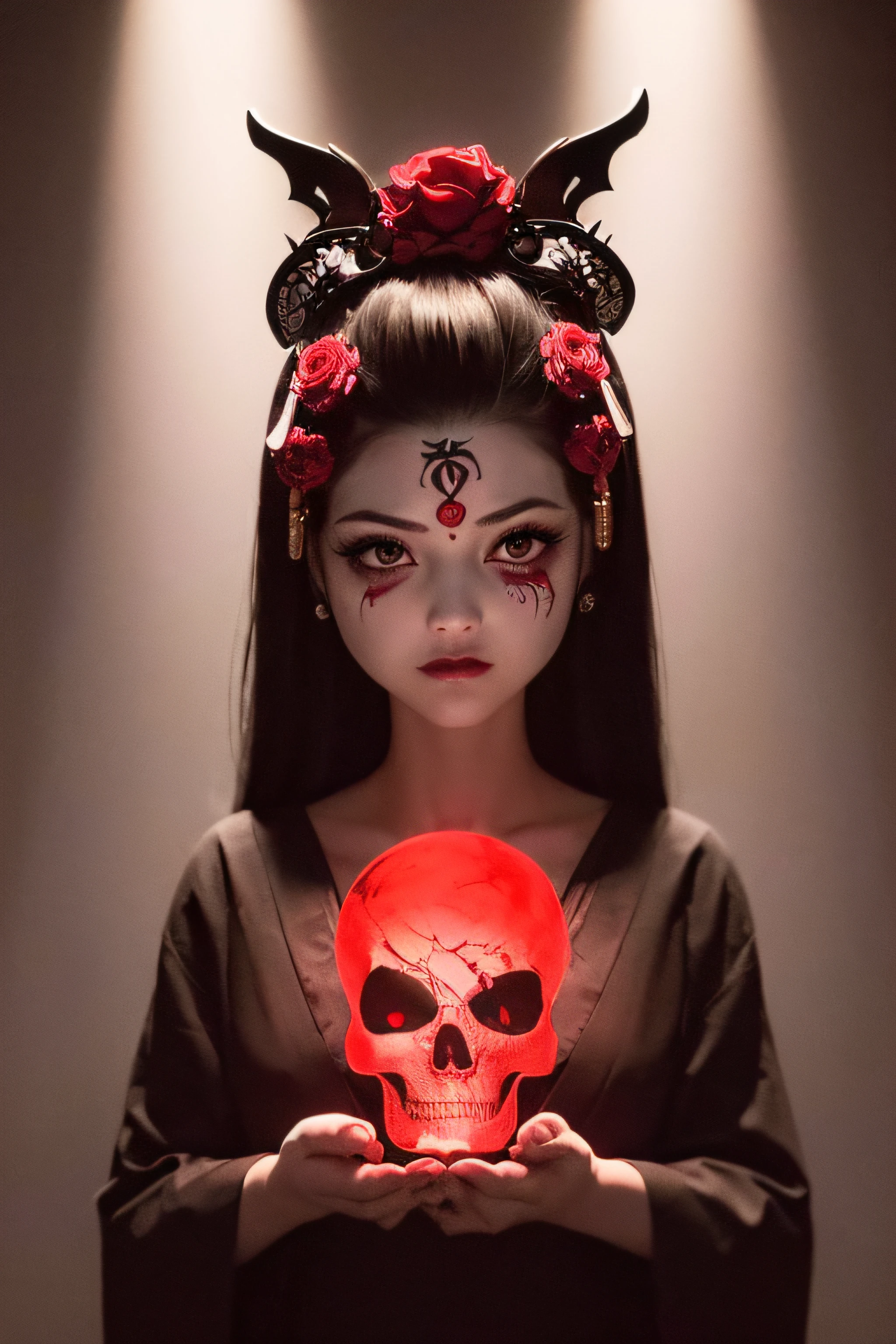 "(The best lighting, oscuro, dramatic),(feto calavera geisha escupiendo tinta roja, Cicatrices, sexy, cerebro, sangre, una rata dentro de la cabeza, terror.),(ojos rojos, calaveras). volumetric light.