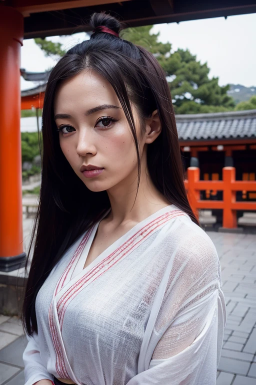 belle femme rousse avec Fushimi Inari-taisha (Kyōto) in the background, taches de rousseur, maquillage sombre, Hyper detailed photography, Soft Light, head and shoulders portrait