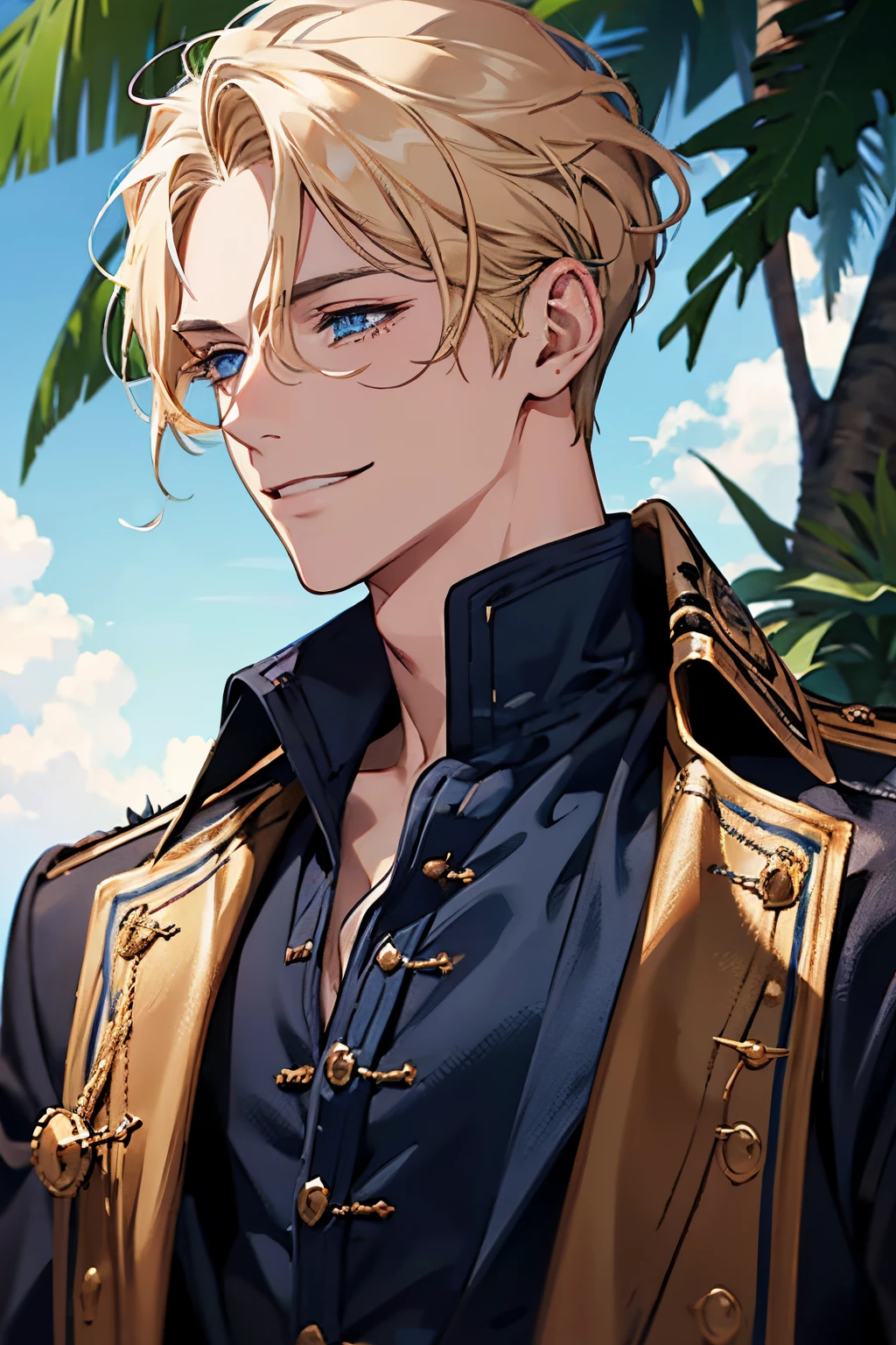 dark blue eyes, natural blonde hair, male, adult, smile, sunshine, pirate, moles on the face