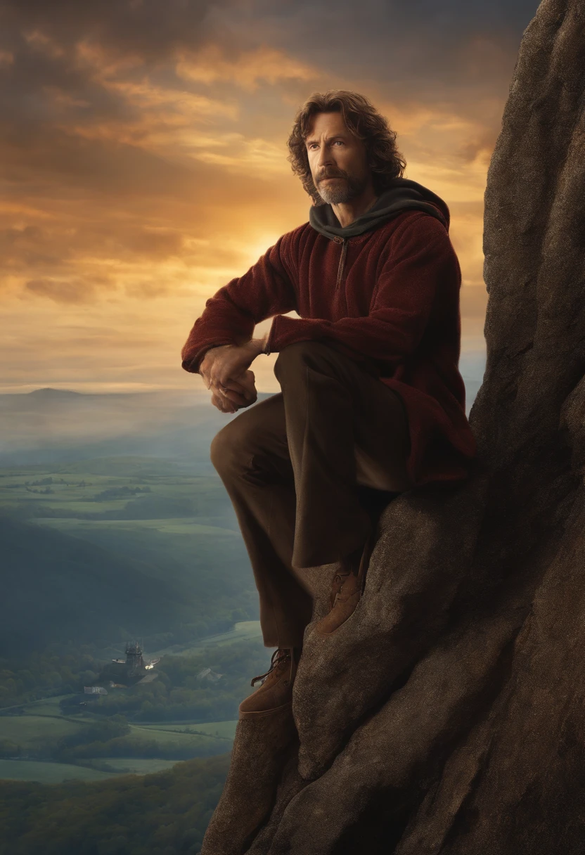 The image is of Sirius rock climbing up a steep cliff, grinning with determination as he conquers the heights.,Harry Potter series,Sirius is tall with shaggy curly brown hair, with brown eyes and a goatee. Famously portrayed by Gary Oldman, male