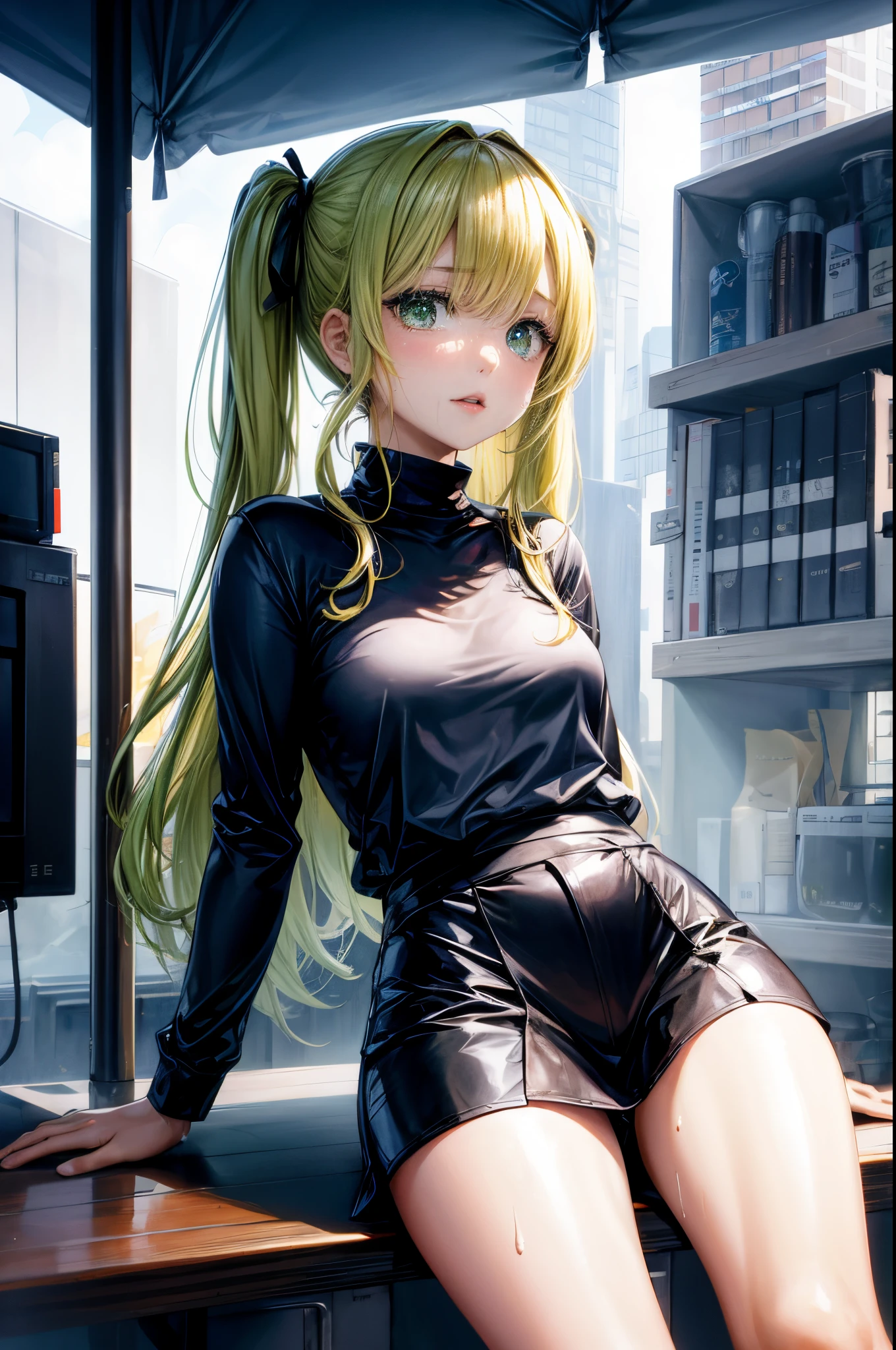 hight resolution, top-quality, ultra-quality, The ultra-detailliert, lighting like a movie、beautiful countenance ,Brown skin、Black skin、Black skin、Girl spreading her legs、校服、a blond、Blonde hair twin tails、green inner hair,Lots of hair 、full of sweat、Wearing sweat、at seaside