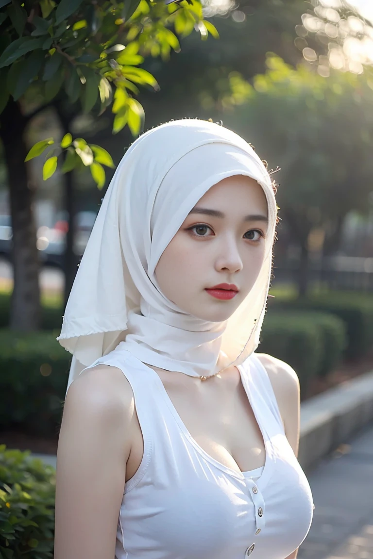 A Chinese half uighur girl between the ages of 20 to 25, adorned in a beautiful white hijab and modest attire, captivates with her striking black eyes that demand attention and leave a lasting impression. These captivating photographs, designed to entice viewers to follow her on social media, are skillfully crafted to be realistic, concise, and direct. Each image exudes a creative and clever touch, incorporating unexpected elements, such as a face shape reminiscent of Nicole man, that sets them apart from generic and overused visuals.