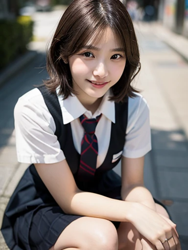 score_9, score_8_up, score_7_up,(Best quality:1.0),(masterpiece:1.0),photorealism, realistic, photorealistic, Beautiful Adolescent, break, 1girl, 15yo,, cute face,looking at viewer, (black hair:1.1), (black eyes), low ponytail, (small breasts:1.1), beautiful Detailed (well-shaped) breasts, smile,(japanese:1.2), school uniform,collared shirt, pleated skirt,,(Detailed Lighting), (Detailed background), outdoors,sitting on stairs,wind, BREAK ,,super detailed skin,shiny skin,very high resolution, very aesthetic, Best sexual lighting powered by famous artist, 8k, 16k, sexual photo, photoshop_(medium),,best photo 8k konachan wallpaper, UHD Picture,uncensored,