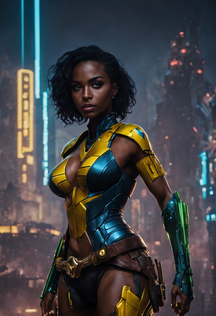 a beautiful realistic black wonder woman super sexy, big firm breasts, super detailed, (((green, blue and yellow cyberpunk fantasy))), cinematic, photo, sexy, high quality, 8k.