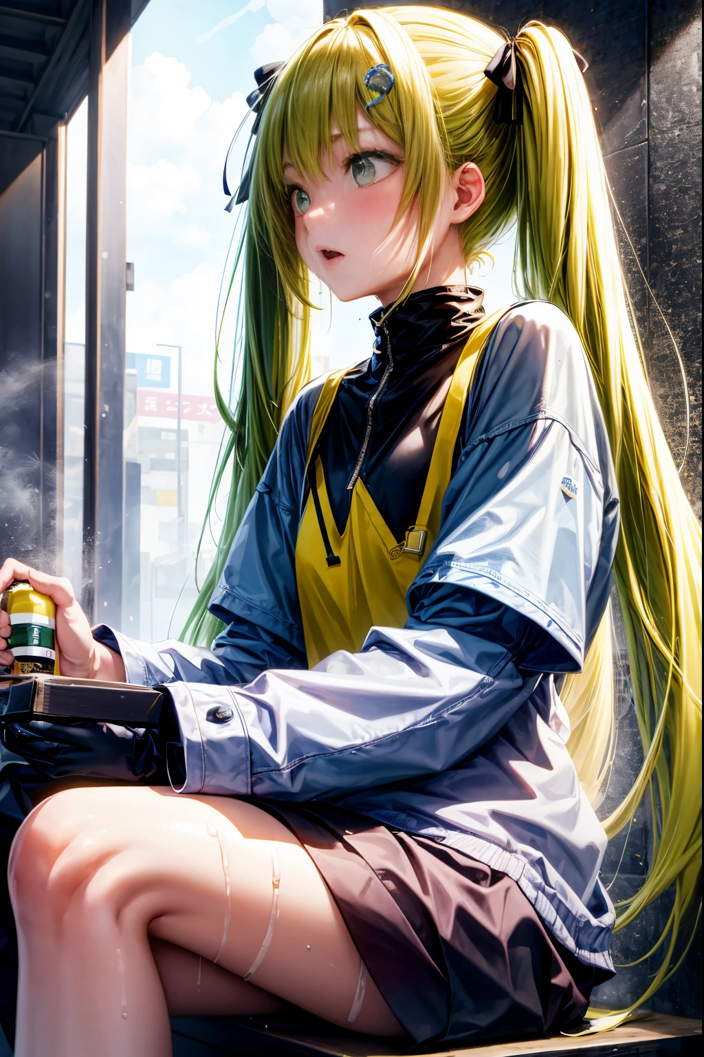 hight resolution, top-quality,  ultra-quality, The ultra-detailliert, lighting like a movie、beautiful countenance ,Brown skin、Black skin、Black skin、校服、a blond、Blonde hair twin tails、green inner hair,Lots of hair 、full of sweat、Wearing sweat、at seaside