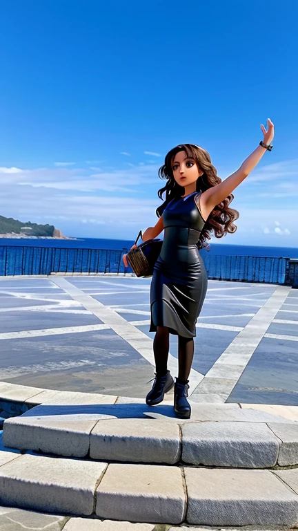 There is a woman standing on a stone step with her arms in the air, De pie triunfante y orgulloso, por Alexis Grimou, Chica bailando en el acantilado, buen tiempo, the ocean in the background, full body photogenic shot, posando como una estatua, Mina Petrovic, Gran obra maestra, Foto tomada en 2 0 2 0, Bonitas vistas, standing beside the ocean