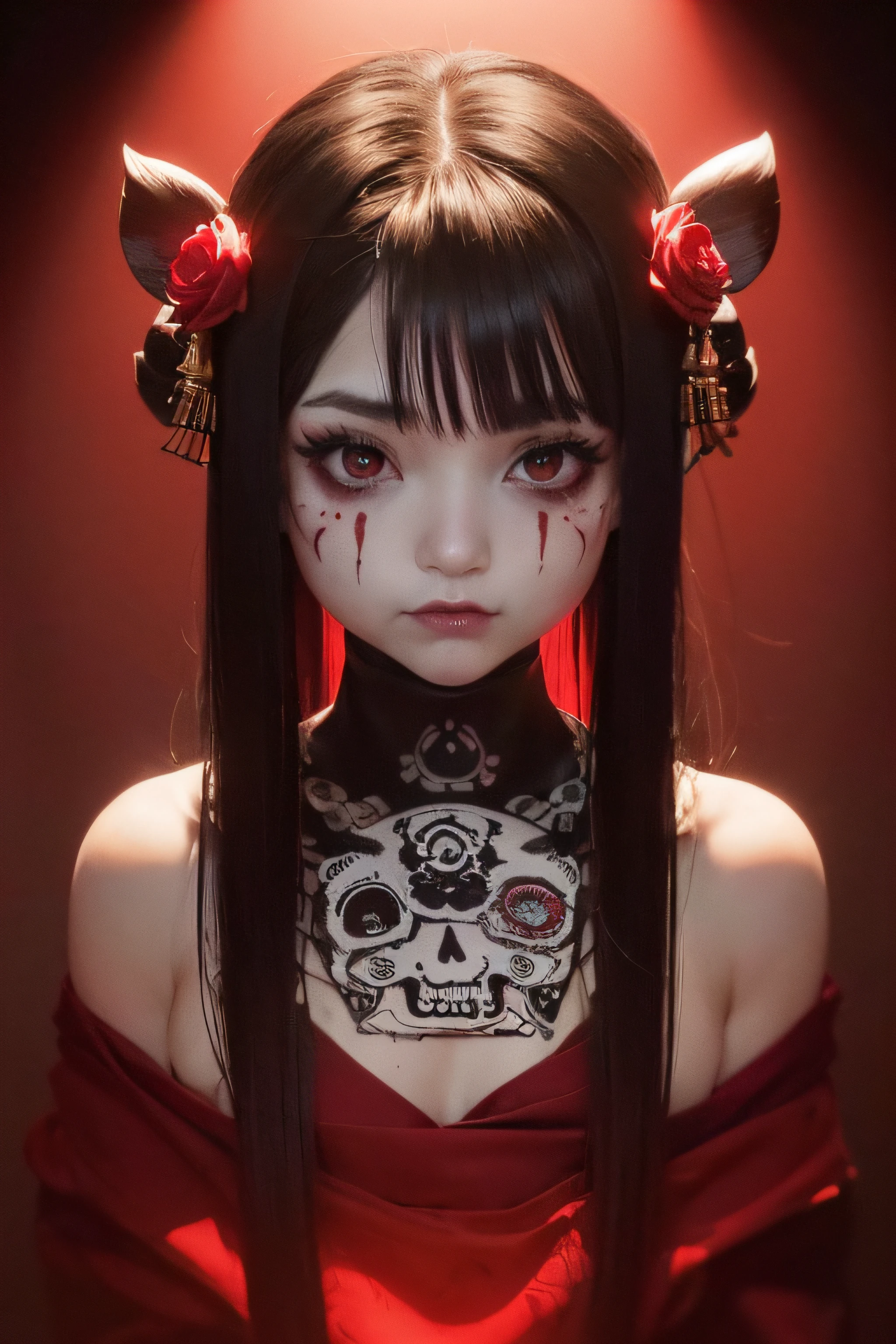 "(The best lighting, oscuro, dramatic),(feto calavera geisha escupiendo tinta roja, Cicatrices, sexy, cerebro, sangre, una rata dentro de la cabeza, terror.),(ojos rojos, calaveras). volumetric light.