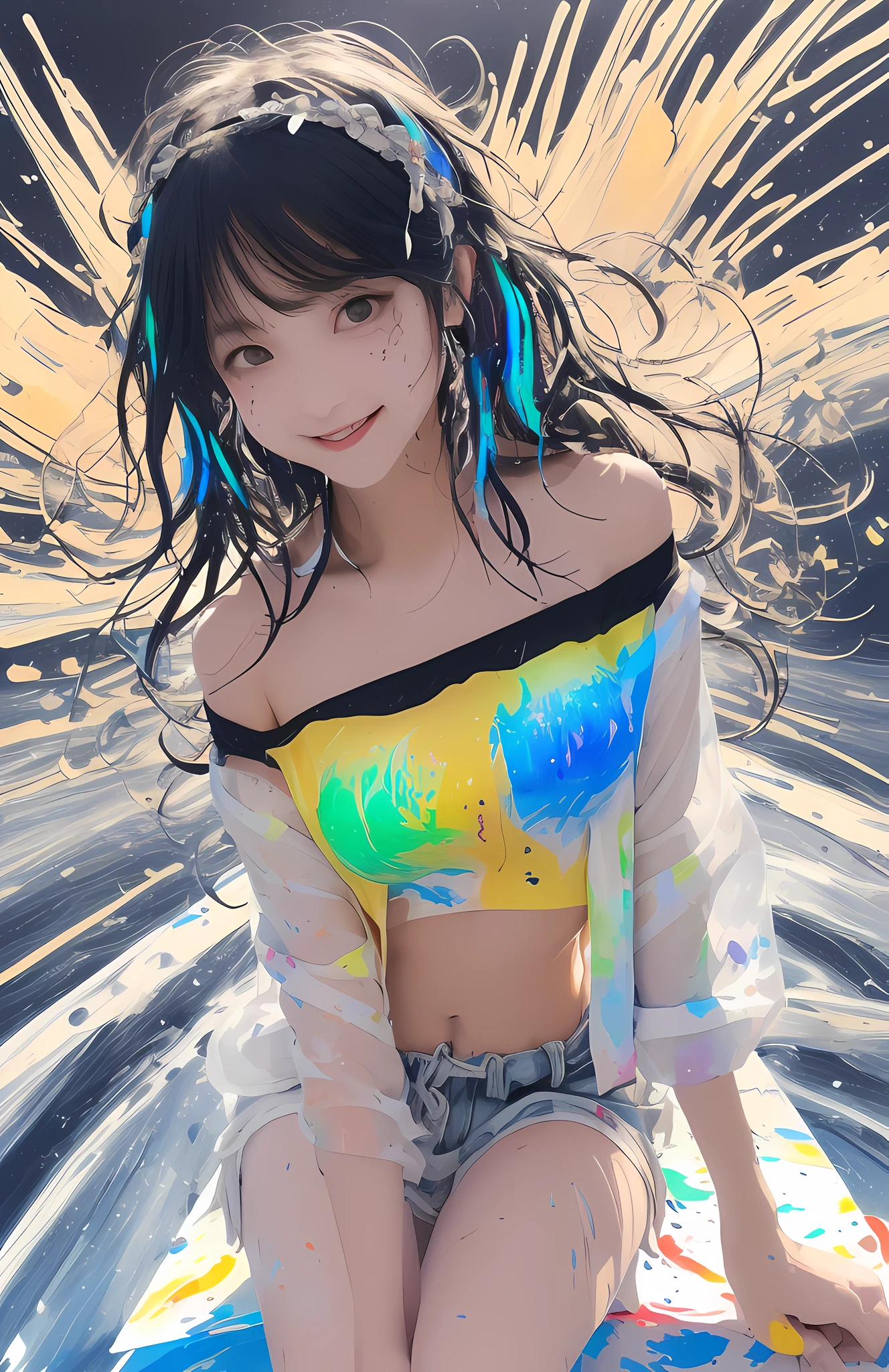 (((Best quality)), ((ultra - detailed)), ((tmasterpiece)), illuminations,(oases),(lakes),(Detailed and clear background),(crisp background),(detailedlight),lamplight,(sunny clear sky),natta,As estrelas,starrysky,rays of moonlight,(Delicate and clear water droplets:1.1),(corrugation:1.1),(lake:1.1),((Colorful aurora)),
1 busty girl, Alone, ((Full body lesbian)),(Detailed faces), highest details, Medium hair, messy hair, watery big eyes, Two shades of hair, Gradient hair, Black short coat with colorful headband,Intricate headdress,exposed bare shoulders, Incision above navel, Split sleeves, puffy short sleeves, Black shorts, Black belt, Over-the-knee, athletic sneakers, Place your arms by your sides, Walk slowly on the water,tilt of the head, light smile,llight rays, (hight contrast),(((Colorful paint background)))