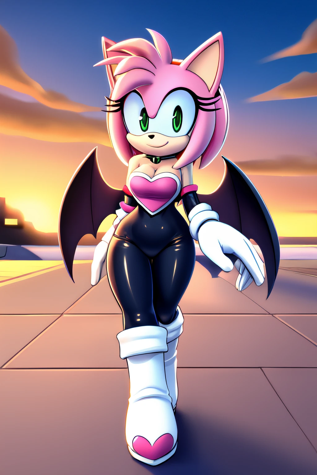 Amy Rose, (Rouge the Bat Cosplay) 1 girl, solo, smile, green eyes, red hairband, bob hair, sky, outdoors, cloud, pink hair, sunset, bare shoulders, animal nose, black rubber bodysuit, pink heart on chest, cleavage, white gloves, white knee-high boots, no batwing, museum, walking, arms at sides.