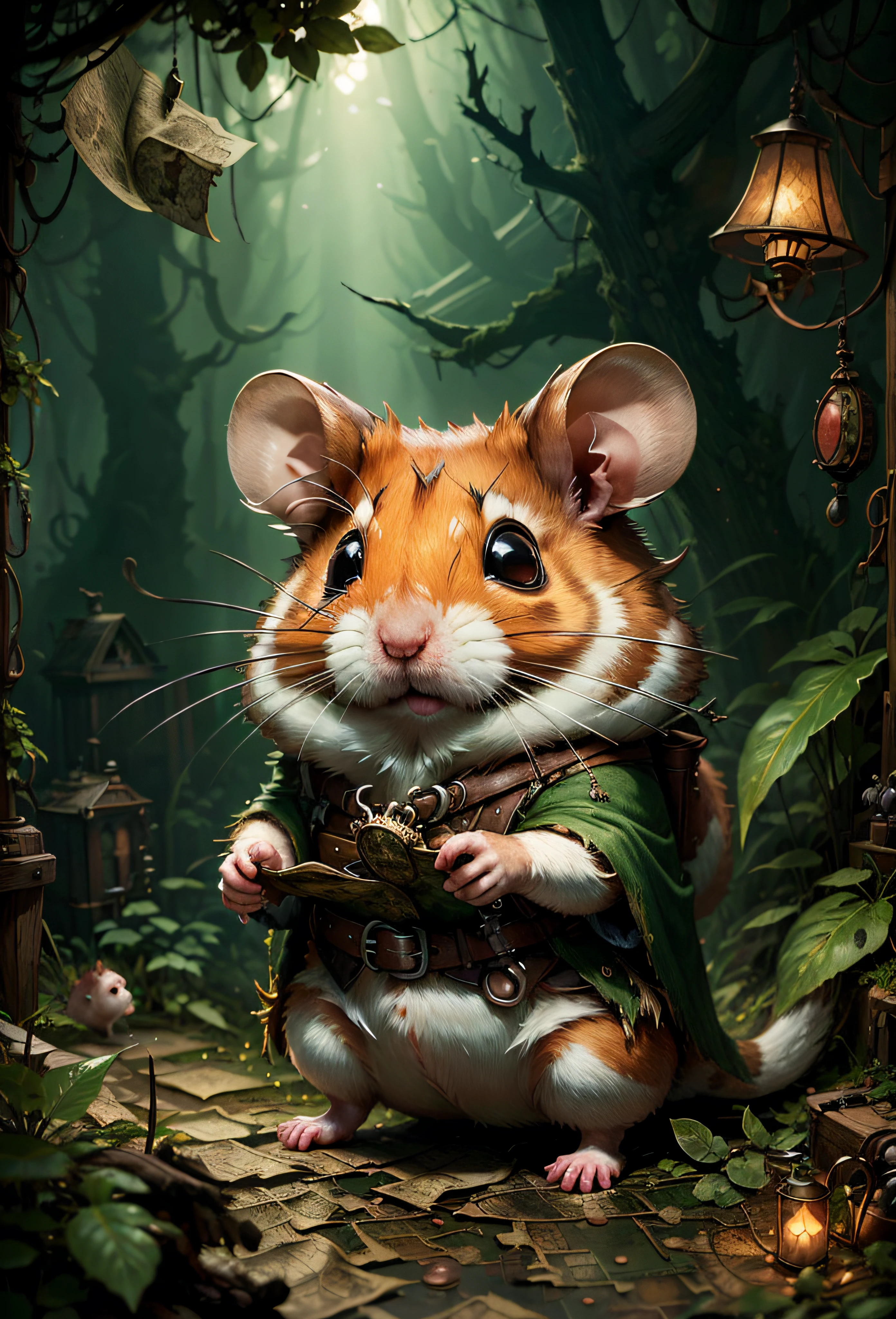 (masterpiece), super detail, ((best quality)), ultra high res, highres, photorealistic, Hamster, adventurer hamster, lamp, old map, in the forest, undead forest
