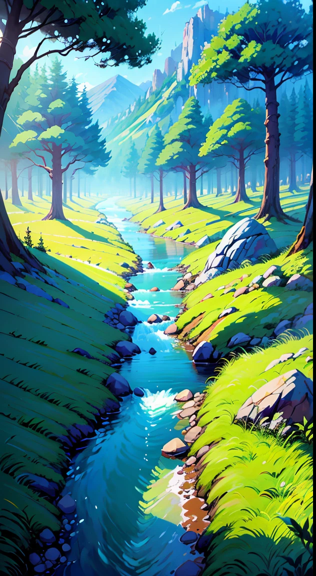 painting of a stream running through a lush green forest filled with trees, detailed painting 4 k, mountains river trees, anime landscape wallpaper, beautiful art uhd 4 k, anime countryside landscape, detailed scenery —width 672, beautiful digital painting, 4k highly detailed digital art, beautiful anime scenery, 8k high quality detailed art, anime nature wallpap, anime nature