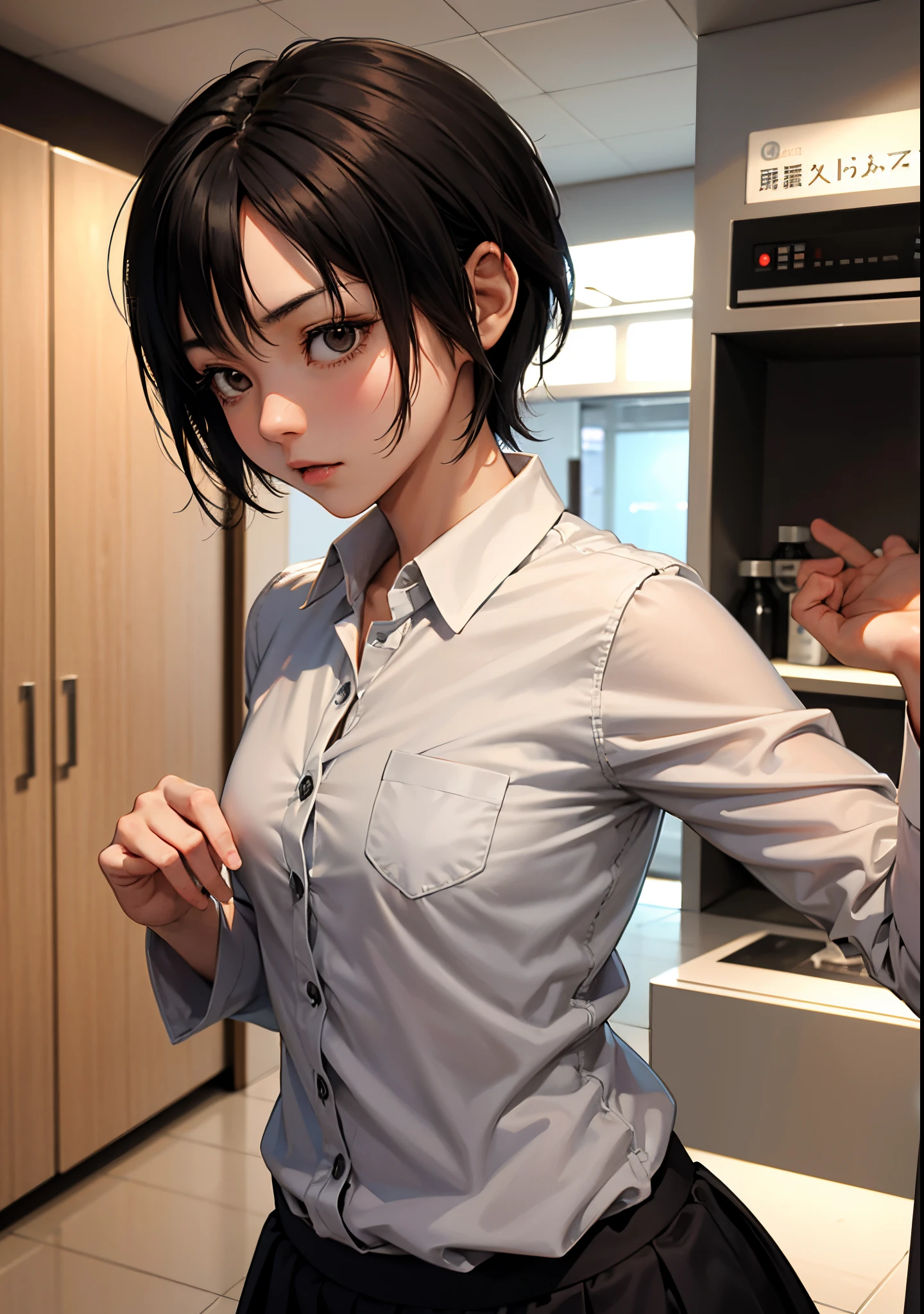 japanese actress, Setsuna_Amamiya, short hair, black hair, black eyes, small brests, short stature, upper body,