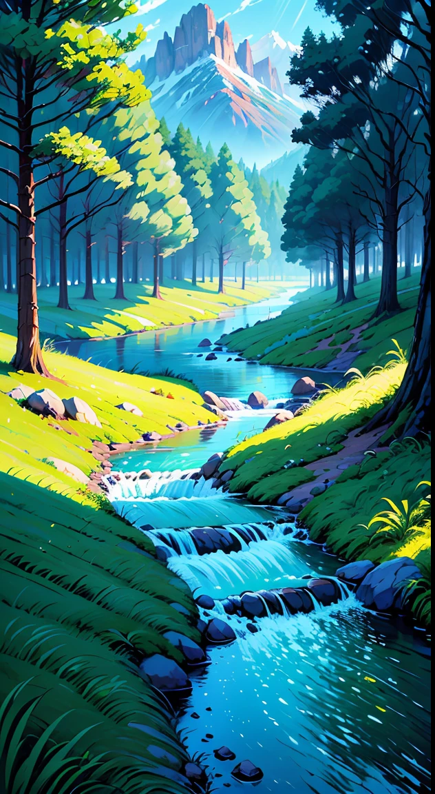 painting of a stream running through a lush green forest filled with trees, detailed painting 4 k, mountains river trees, anime landscape wallpaper, beautiful art uhd 4 k, anime countryside landscape, detailed scenery —width 672, beautiful digital painting, 4k highly detailed digital art, beautiful anime scenery, 8k high quality detailed art, anime nature wallpap, anime nature