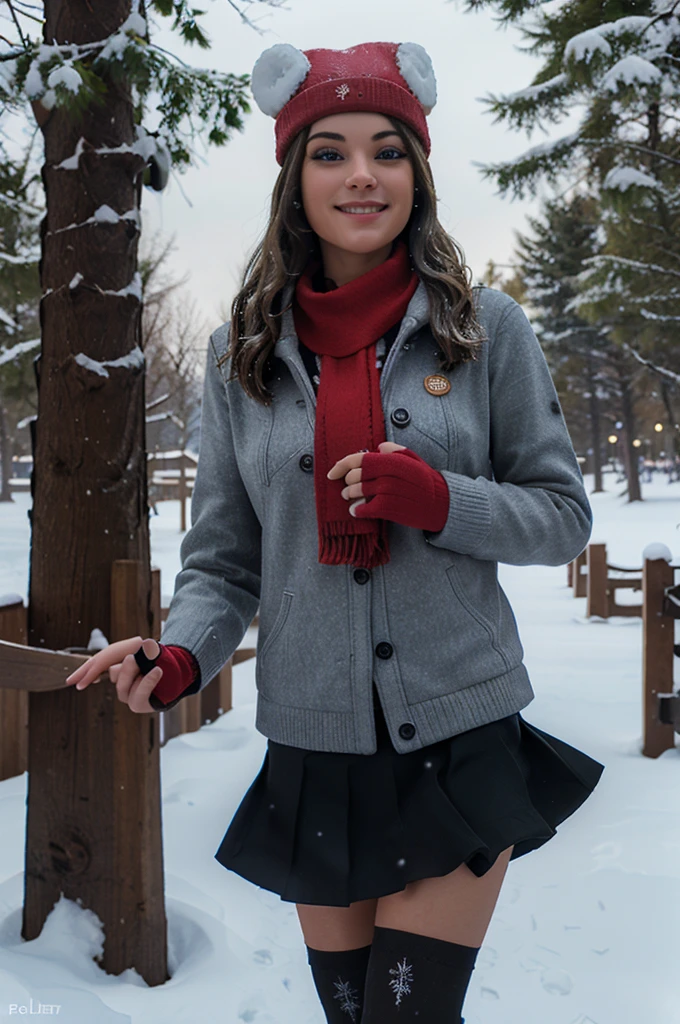 (8k, best quality, masterpiece:1.2), (realistic, photo-realistic:1.37), ultra-detailed, 1 girl,cute, solo, ,beautiful detailed blue eyes, medium wavy hair, standing in a park, smiling, looking at viewer, ,light brown hair, full body view, , whole body shot, red hat,choker, yellow scarf, red sweater,, winter gloves, winter, snow, snowing, pantyhose, stockings black skirt,