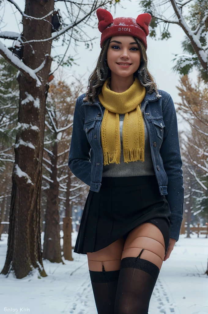 (8k, best quality, masterpiece:1.2), (realistic, photo-realistic:1.37), ultra-detailed, 1 girl,cute, solo, ,beautiful detailed blue eyes, medium wavy hair, standing in a park, smiling, looking at viewer, ,light brown hair, full body view, , whole body shot, red hat,choker, yellow scarf, red sweater,, winter gloves, winter, snow, snowing, pantyhose, stockings black skirt,