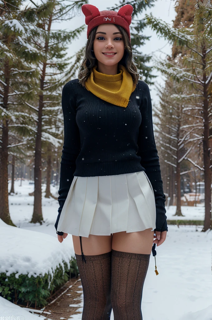 (8k, best quality, masterpiece:1.2), (realistic, photo-realistic:1.37), ultra-detailed, 1 girl,cute, solo, ,beautiful detailed blue eyes, medium wavy hair, standing in a park, smiling, looking at viewer, ,light brown hair, full body view, , whole body shot, red hat,choker, yellow scarf, red sweater,, winter gloves, winter, snow, snowing, pantyhose, stockings black skirt,