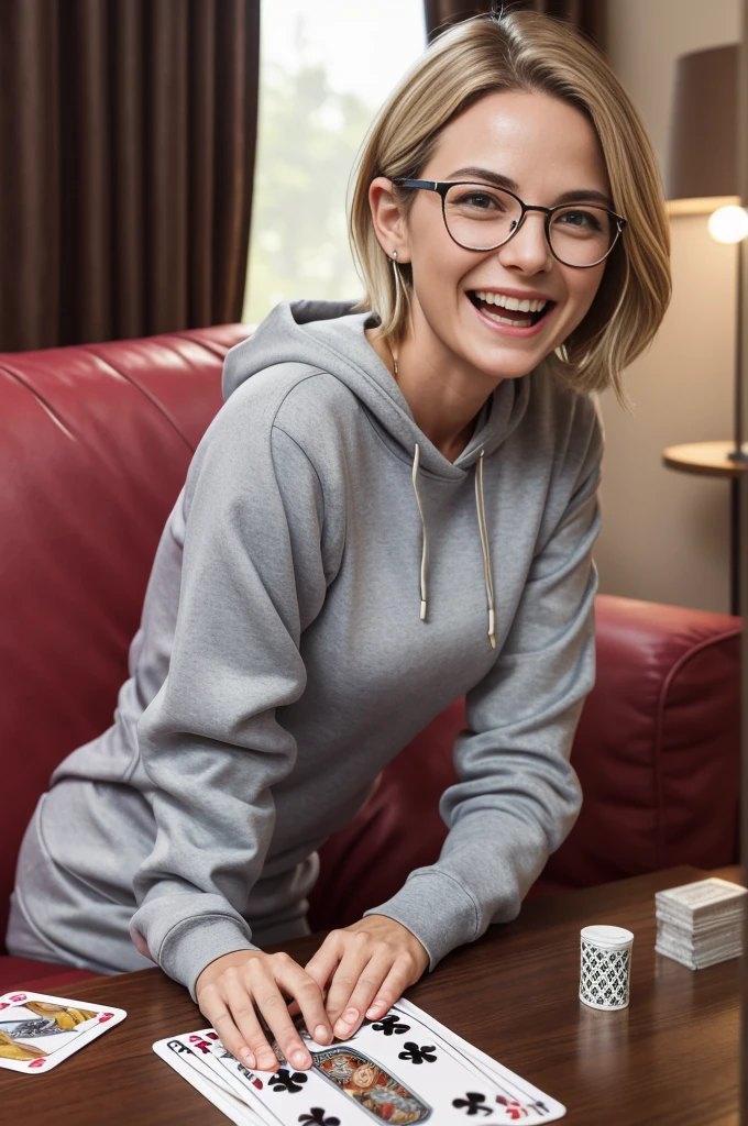 Selfie, RAW UHD Portrait of a beautiful mature female lawyer laughing hysterically, (Keira Knightley:0.5), Solo, (skin texture:1.1), high detail face, eye glasses, Detailed lips, detailed eyes, short blonde Hair not obstructed, black athleisure sweatshirt and jogger sweatpants, playing a card game called "Fish Fry", seated on a couch, (athletic body), detailed clothes, bottles of red wine on desk, librarian, Photorealsitic, (​masterpiece:1.2), highly detailed, intricate details, Professional, SLR lighting, rim lighting, studio lighting, zoom in on face, background heavily blurred.