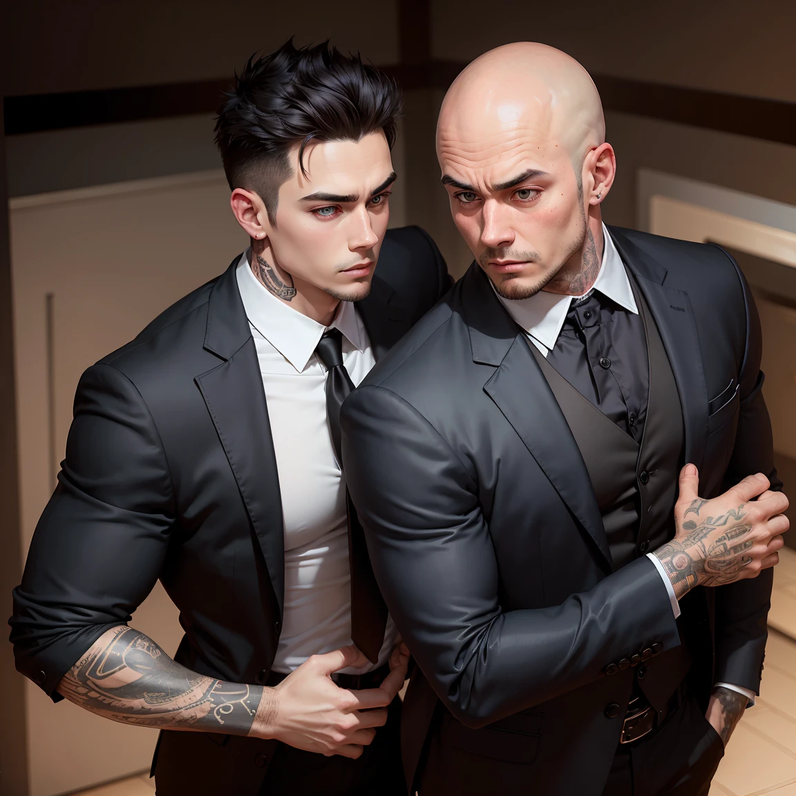 A handsome boy, 20 years old, big eyes, square face, short black hair, muscular, tattoos on his neck, wearing a black suit and shirt, and a middle-aged rich businessman, round face, a little bald, two handshake cooperation, best quality, master work, masterpiece