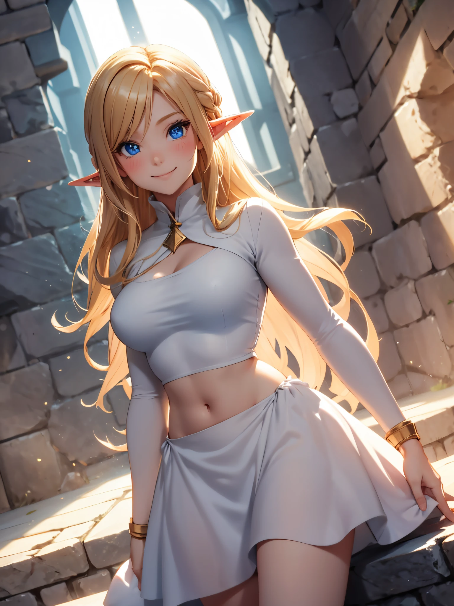 Solo Elf female with a hourglass figure, hot blush, excited smile, blue eyes, golden blonde hair, simple white dress, stone brick cathedral, delicate silver jewelry, Volumetric Lighting, Shallow Depth of Field, bare midriff, bare thighs