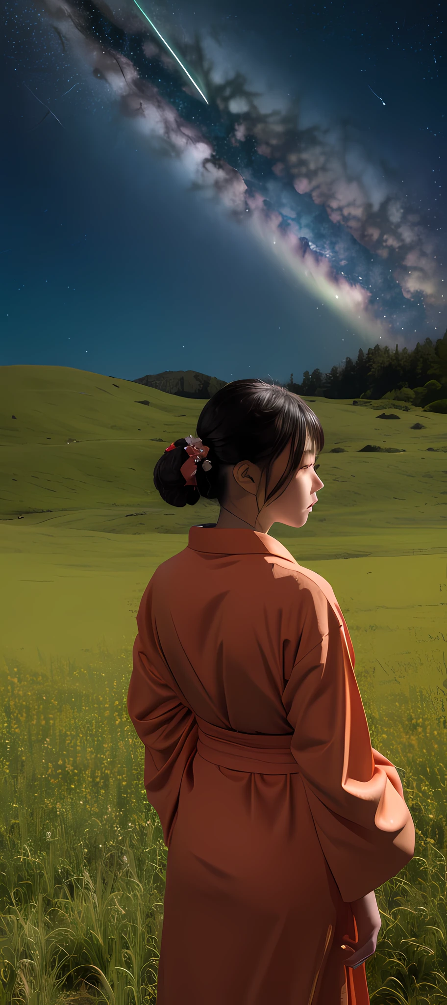 1 plump girl, Girl in kimono stares at the distant stars, (zoomout:1.1), (meteor shower:1.2), (comets:1.1), Your name, low angles, from back, aurora borealis, meteors, bathrobe, red kimono, Sakura NS, standing in a field,Best quality at best, tmasterpiece,  ​​clouds,Colorful, Starry,As estrelas,