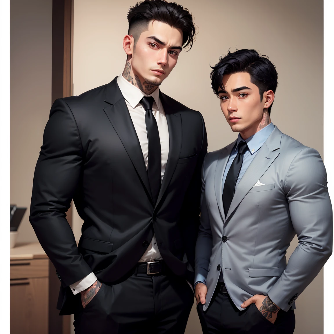 A handsome boy, 20 years old, big eyes, square face, short black hair, muscular, tattoos on his neck, wearing a black suit and shirt, and a middle-aged rich businessman, round face, a little bald, two handshake cooperation, best quality, master work, masterpiece
