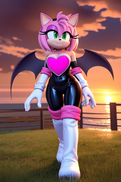 Amy Rose, (Rouge the Bat Cosplay), (no bat wings) 1 girl, solo, smile, green eyes, red hairband, bob hair, sky, outdoors, cloud, pink hair, sunset, bare shoulders, animal nose, black rubber bodysuit, pink heart on chest, cleavage, white gloves, white knee-high boots, museum, walking, arms at sides.