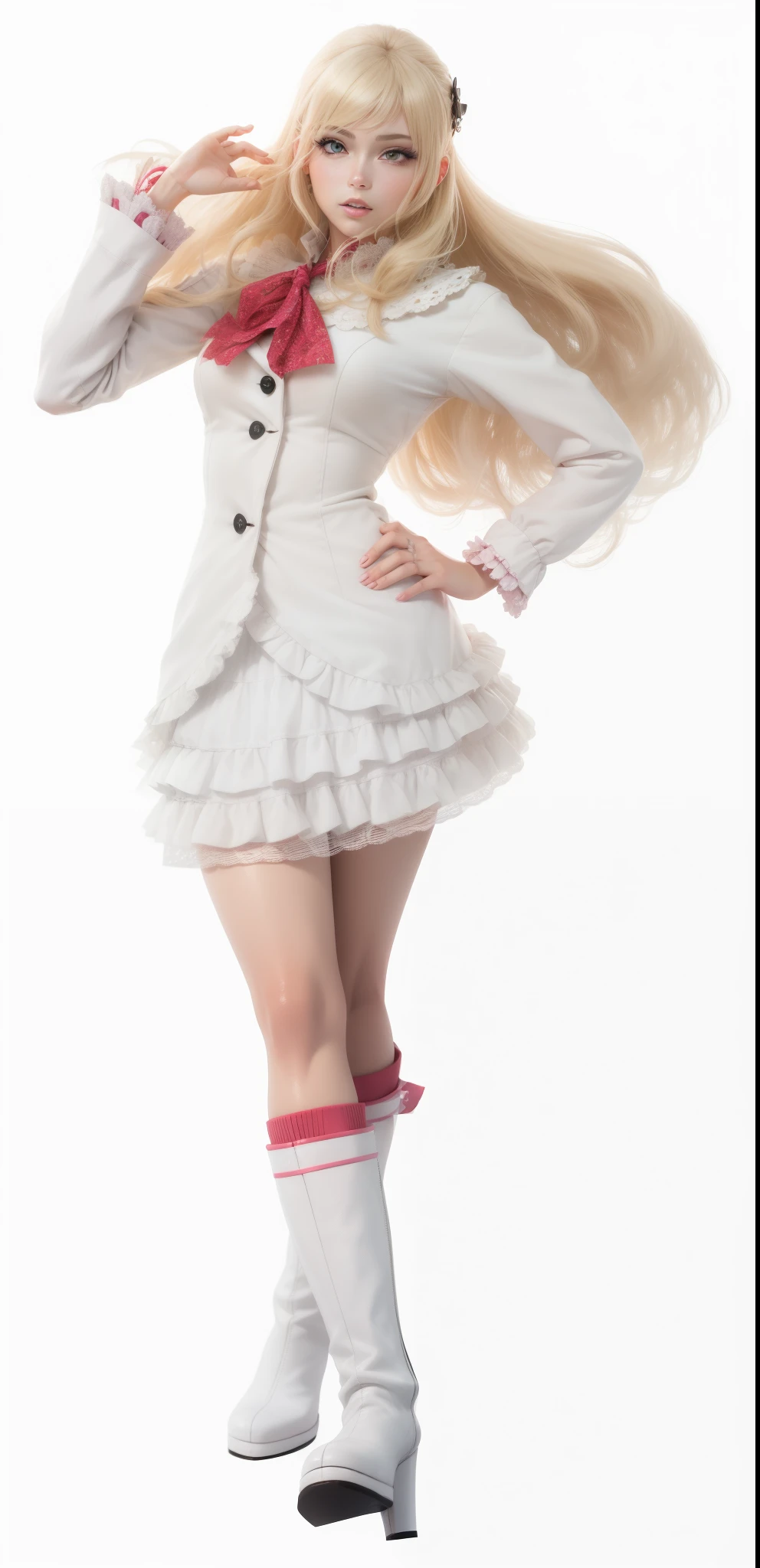 um close up de uma mulher em um vestido curto e botas, anime barbie em branco, Anime Barbie em meias brancas, render de abril, Junko Enoshima, Junko Enoshima, Danganronpa, Ann Takamaki de Persona 5, Massa Amane *, photorealistic anime girl rendering, Pudica posa, boneca barbie anime
