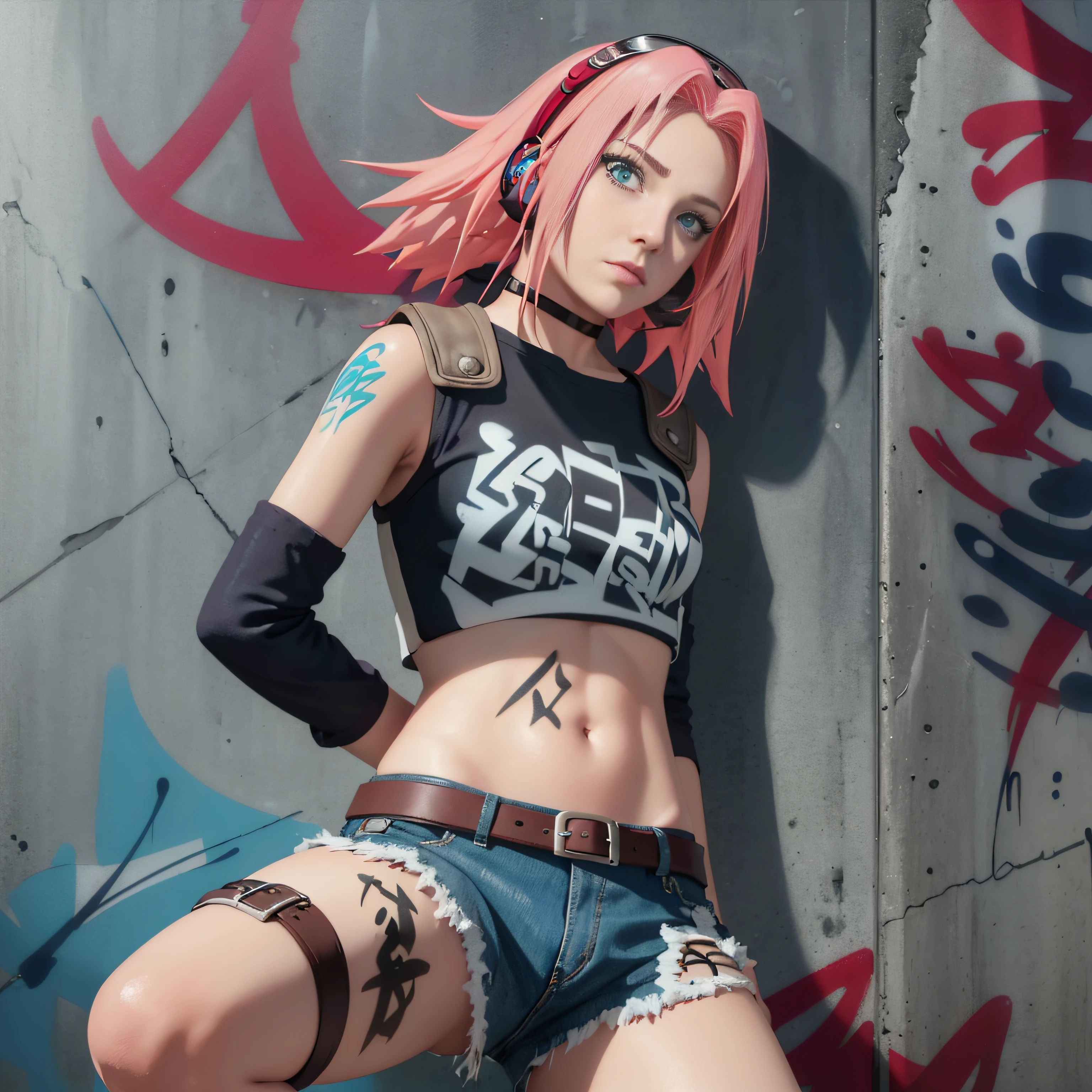 masterpiece, best quality, (extremely detailed CG unity 8k wallpaper, masterpiece, best quality, ultra-detailed, masterpiece, best quality, 1girl, solo, crop top, denim shorts, choker, (graffiti:1.5), paint splatter, arms behind back, against wall, looking at viewer, armband, thigh strap, paint on body, head tilt, bored, multicolored hair, aqua eyes, headset,