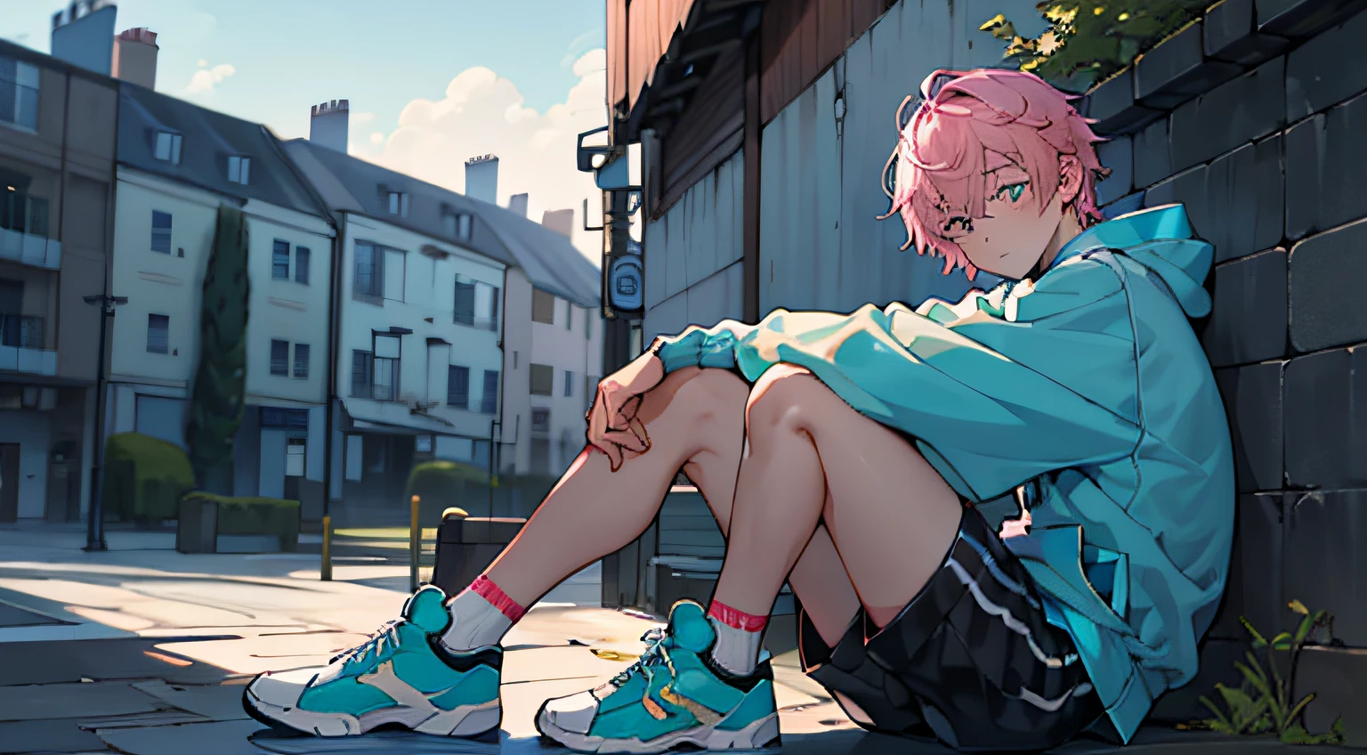 Best quality， tmasterpiece， 超高分辨率， detailedbackground， フォトリアリスティック， lamplight， Single， 1 boy， shota， athletic sneakers， Volumetriclighting， depth of fields， Ultra shorts， one with pink hair， cyan pupils，single earring， The character is on the right， mid - length hair，During the day， sitting on the stone