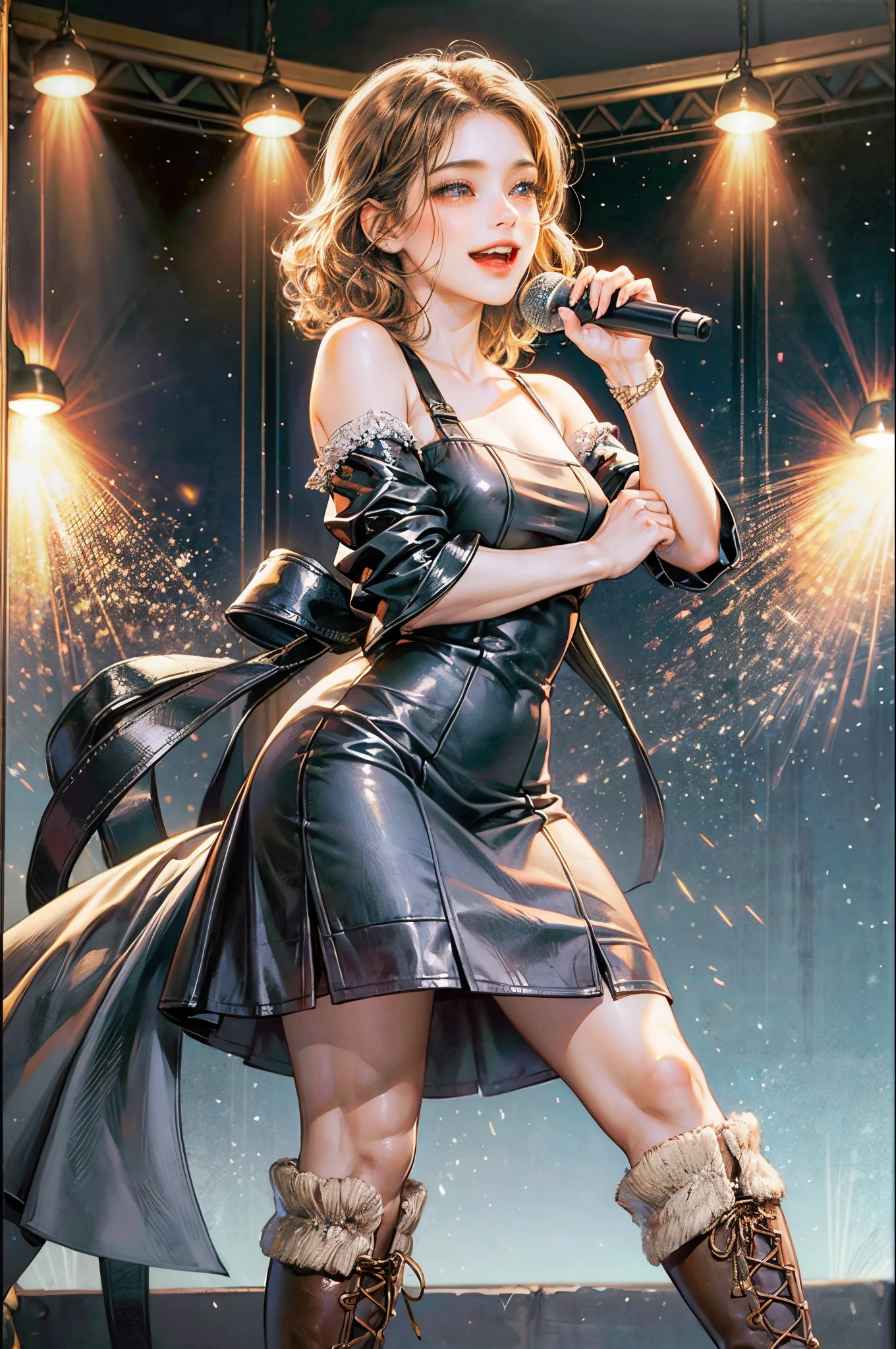30 woman on a theatre stage with a stand microphone in front of her, singing and smiling. She has light brown curly hair, is fit, wearing leather brown boots and a blue long wool dress. Cartoon style, cute not sexy. HD resolution. --auto --s2