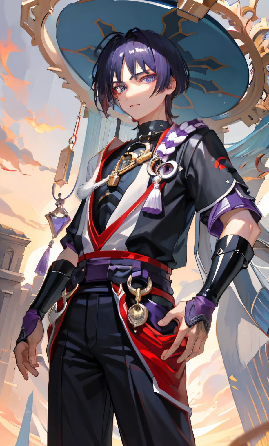 (Masterpiece), (Best Quality), (Ultra Detailed), (detailed hands), (detailed eyes), (looking at camera), (Scaramouche), Night, Handsome, menacing, narcissistic,
