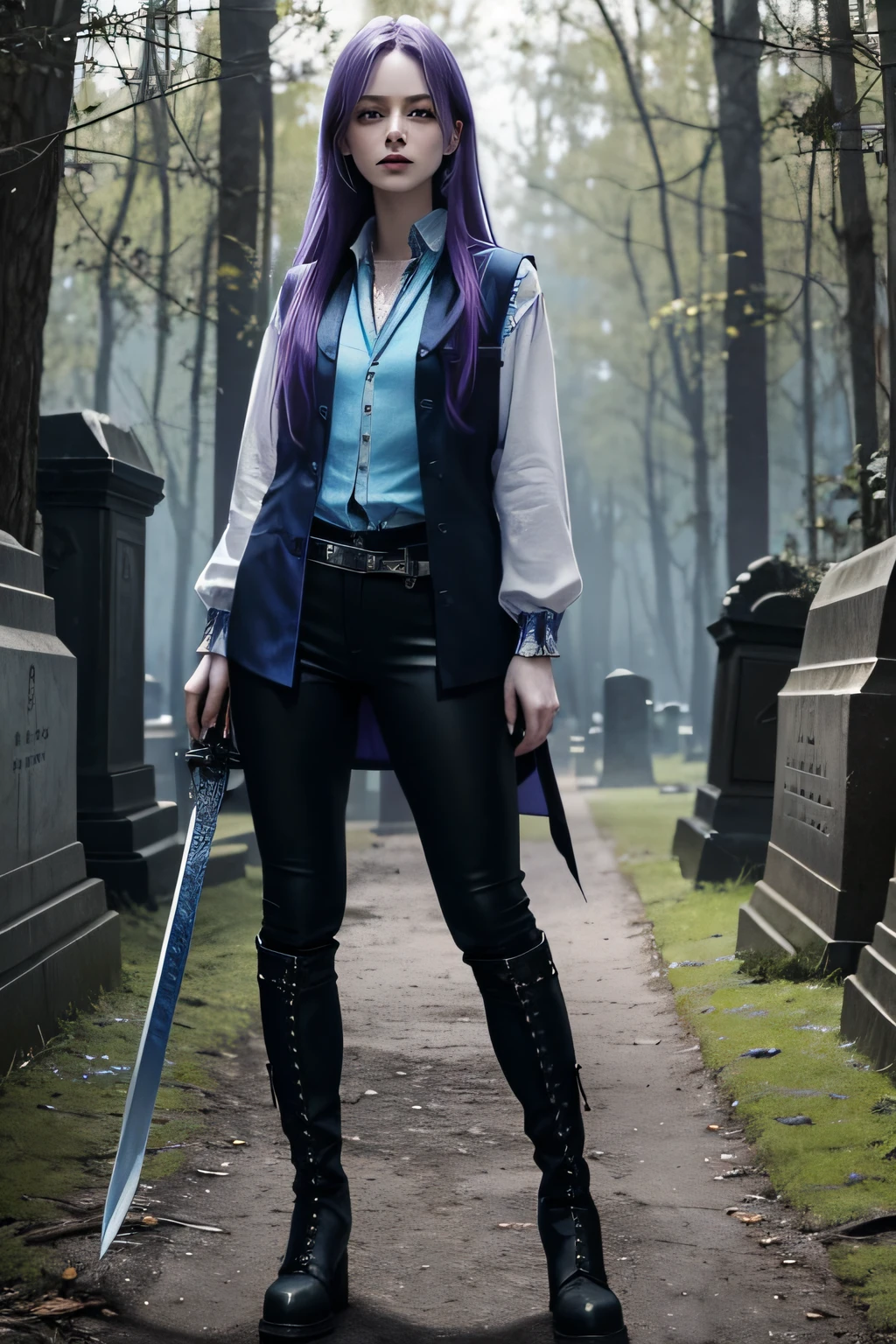 a woman with pale skin, Purple (Longas) cabelos e olhos azuis. Ela usa roupas estilo grunge (uma blusa azul com um colete Longaso por cima, thick black pants and boots), She has a powerful expression and is training with her sword in a small cemetery in the middle of the village (the setting MUST be nocturnal and heavily wooded)