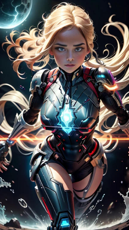 Nova Iorque, quadrado do tempo, Corpo feminino define seios grandes，cyber girl, shoulder and arm prosthesis, leg prosthesis, cabelo loiro, Captain Marvel costume dress，clivagem，peito nu，calcinha exposta，Don't wear panties，Coxas, (best quality: 1.0), (Ultra Highres): 1.0) , rosto e olhos altamente detalhados, (fotorrealista: 1.2)