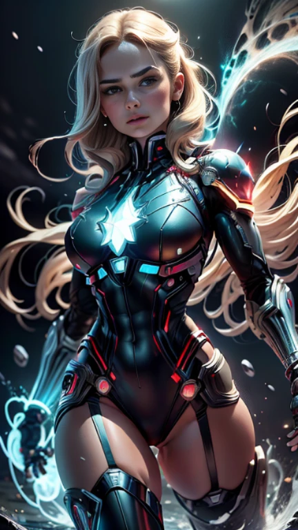 Nova Iorque, quadrado do tempo, Corpo feminino define seios grandes，cyber girl, shoulder and arm prosthesis, leg prosthesis, cabelo loiro, Captain Marvel costume dress，clivagem，peito nu，calcinha exposta，Don't wear panties，Coxas, (best quality: 1.0), (Ultra Highres): 1.0) , rosto e olhos altamente detalhados, (fotorrealista: 1.2)