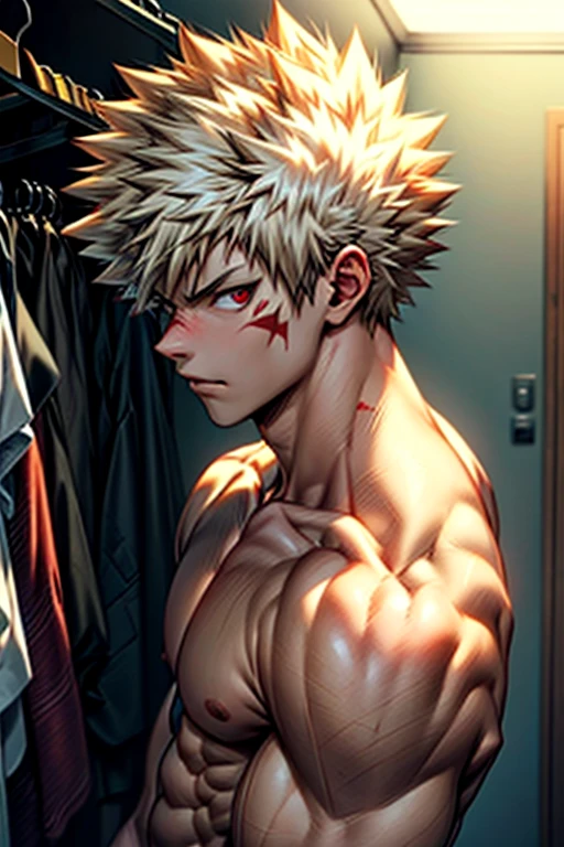 ((best quality)), ((masterpiece)), (detailed), perfect face, bakugou katsuki naked in dressing room side view ((looking at viewer)), muscular perfect body with smooth muscles. Golden spiky hair and red eyes, kiss mark on neck, ((upper body))