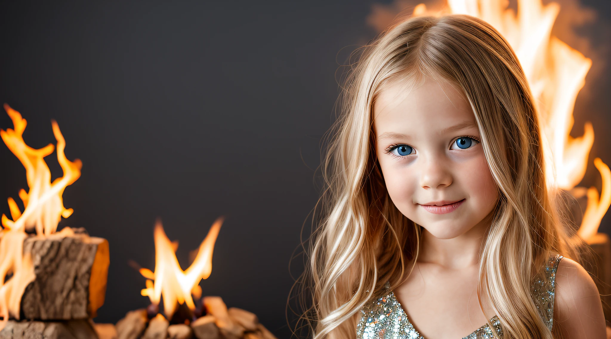 close-up CHILDREN BLONDE GIRL WITH LONG HAIR, em um fundo NEON., usando um vestido prateado, vestido prateado e halo em chamas, Studio photo session, fundo branco.