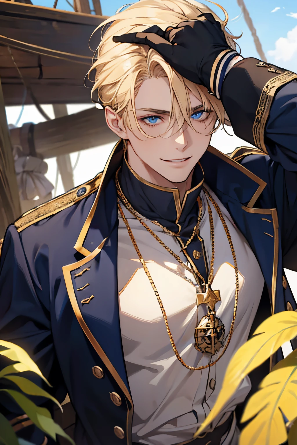 dark blue eyes, natural blonde hair, male, adult, smile, sunshine, pirate, moles on the face