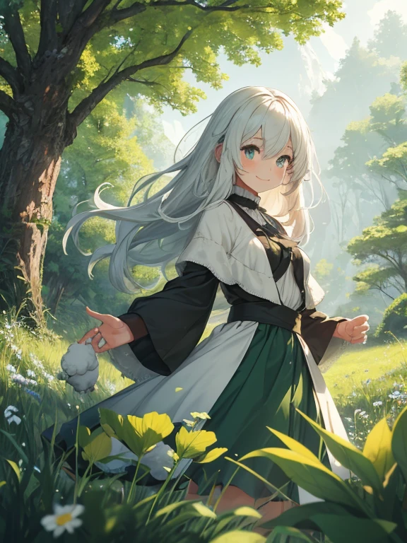 In a green meadow there is a sheep hybrid girl, hair as white and voluminous as wool,BREAK with a happy expression, she guides them toward their destination.
BREAK
Behind her, a green forest stretches and beyond, montanhas se erguem ao longe.
BREAK
The most suitable effect for this scene would be a watercolor painting technique to capture the softness of the meadow and the fluidity of movement.