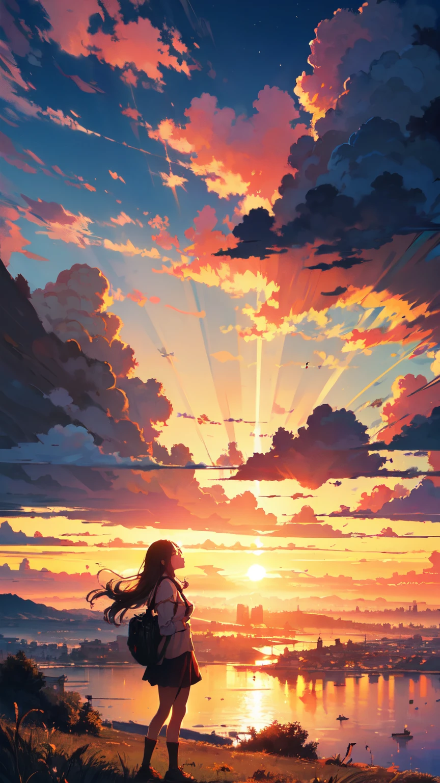 "A captivating sunset moment with a girl enchanted by the magnificent golden sunlight and billowing clouds, evoking a sense of awe and vibrant colors. Masterpiece."