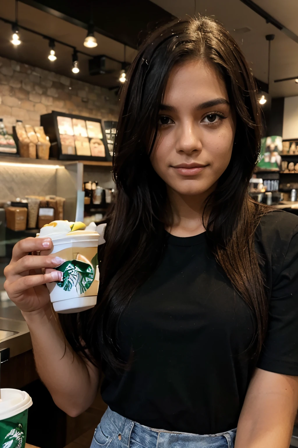 jovem brasileira cabelo preto no starbucks