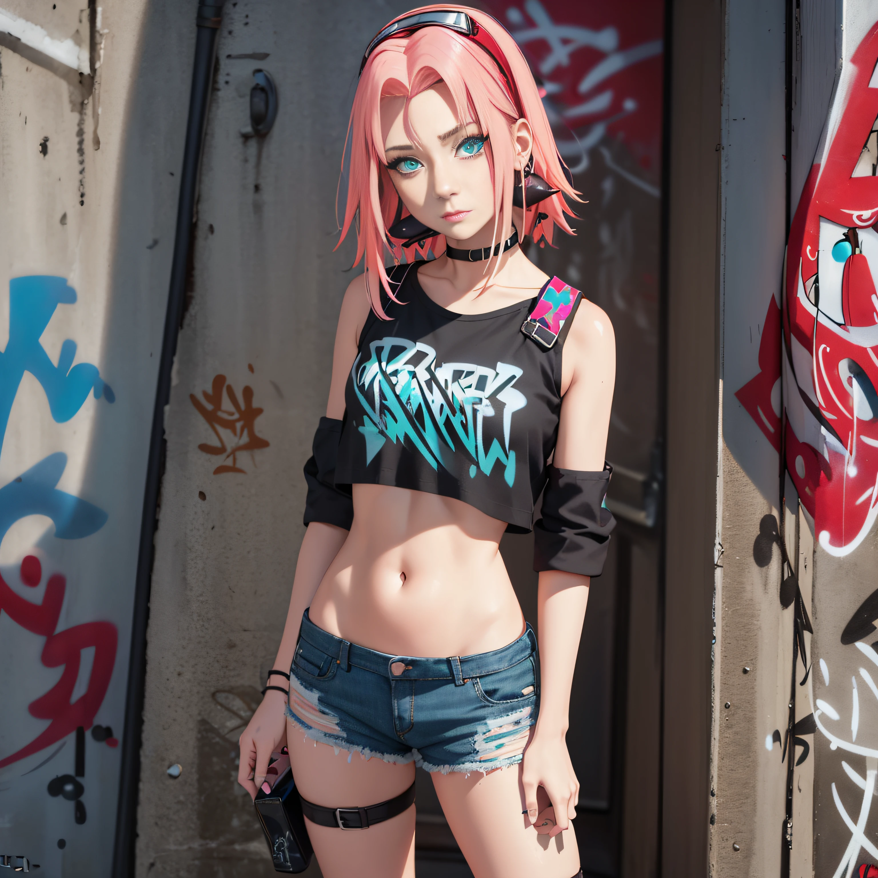 masterpiece, best quality, (extremely detailed CG unity 8k wallpaper, masterpiece, best quality, ultra-detailed, masterpiece, best quality, 1girl, solo, crop top, denim shorts, choker, (graffiti:1.5), paint splatter, arms behind back, against wall, looking at viewer, armband, thigh strap, paint on body, head tilt, bored, multicolored hair, aqua eyes, headset,