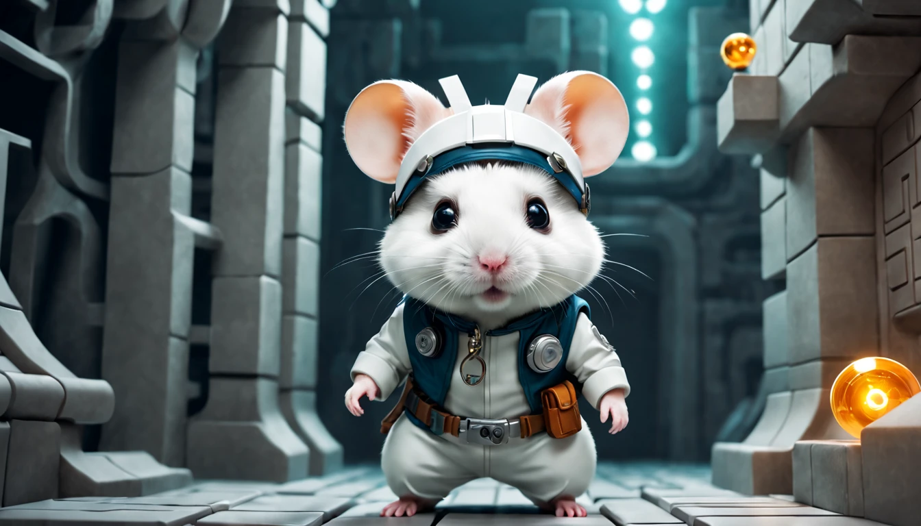 scifi style，((White hamster wearing cool adventurer costume，Exquisite and classic adventurer clothing))，Adventure in a data-filled maze，Solve math puzzles and logic challenges，Find the key to the lower labyrinth，Super quality，Super refined，super complex，Super professional