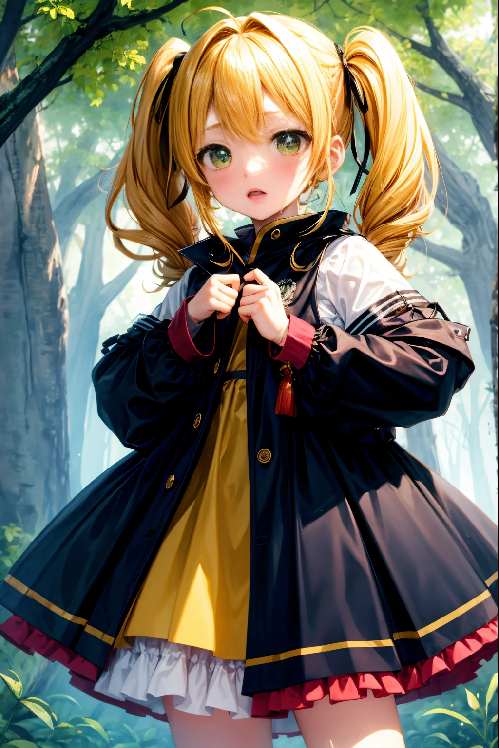 hight resolution, top-quality,  ultra-quality, The ultra-detailliert, lighting like a movie、beautiful countenance ,Brown skin、Black skin、Black skin、校服、a blond、Blonde hair twin tails、green inner hair,Lots of hair 、full of sweat、Wearing sweat、In the forest