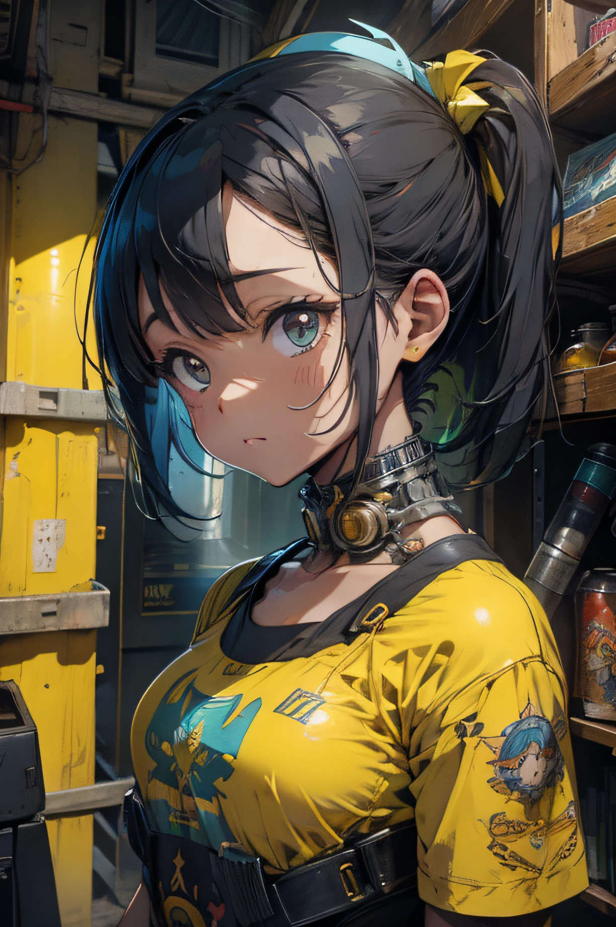 uma garota de camisa amarela, Arte Cyberpunk, inspirado em Hikari Shimoda, Tumblr, alguns laranja e azul, hindu aesthetic, super bonito funky preta