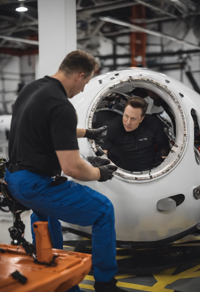 A photo of the character working on a new design for a space exploration vehicle at SpaceX Headquarters,original,elon musk, male
