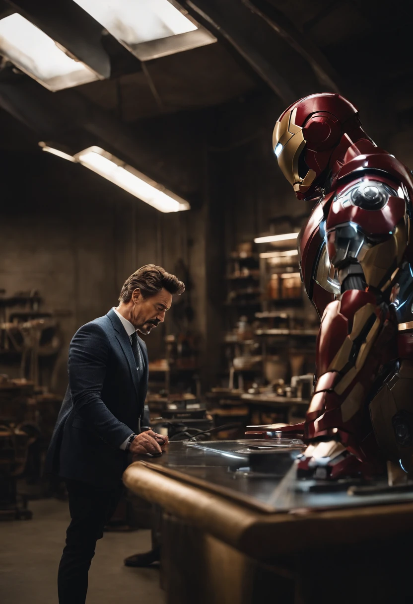 A photo of Tony Stark perfecting the design of his latest Iron Man suit in his workshop,Marvel Cinematic Universe,Stark is typically depicted as handsome and stylish, with neatly groomed facial hair, a sophisticated sense of fashion, and a well-built physique reflective of his status and personality. His appearance is frequently complemented by the latest technology, from his Arc Reactor chest piece to his cutting-edge Iron Man suits, symbolizing his innovative prowess and the armor he uses in more ways than one., male