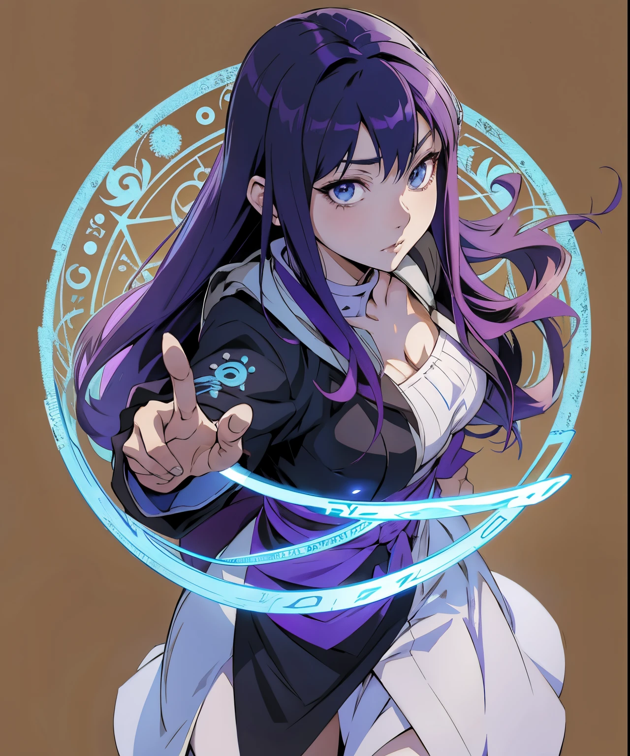 anime girl with purple hair and blue eyes holding a circular object, hinata hyuga, black - haired mage, shalltear from overlord, marin kitagawa fanart, anime moe artstyle, with index finger, ufotable art style, inspired by Munakata Shikō, zerochan art, anime style like fate/stay night, tsuaii