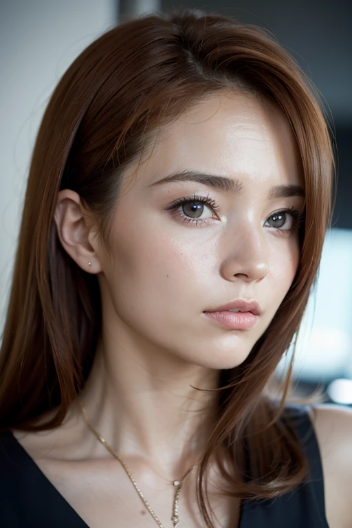 belle femme rousse at office, taches de rousseur, maquillage sombre, Hyper detailed photography, Soft Light, head and shoulders portrait